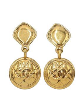 Chanel Quilted Pattern Diamond Round Swing Earrings